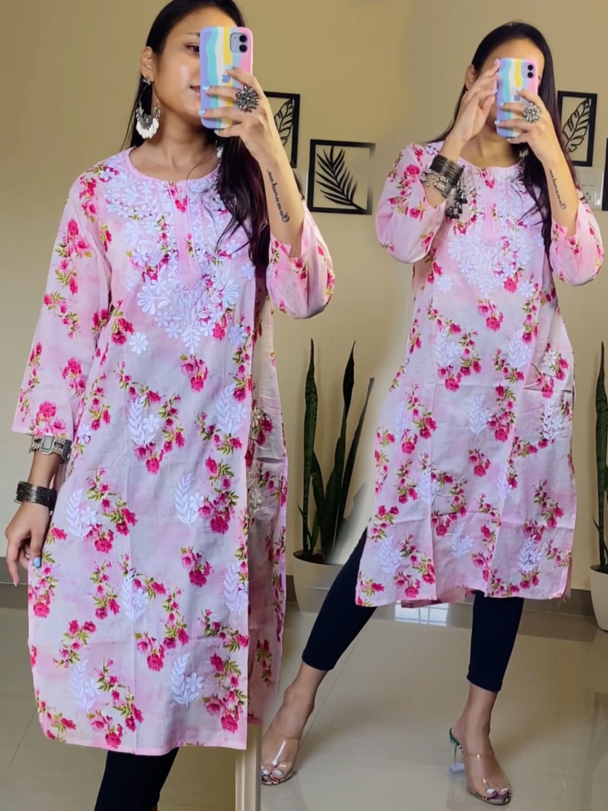 Aliya Lucknowi Chikankari Embroidery Printed Mul Mul Cotton Long Kurta(Color Chart)