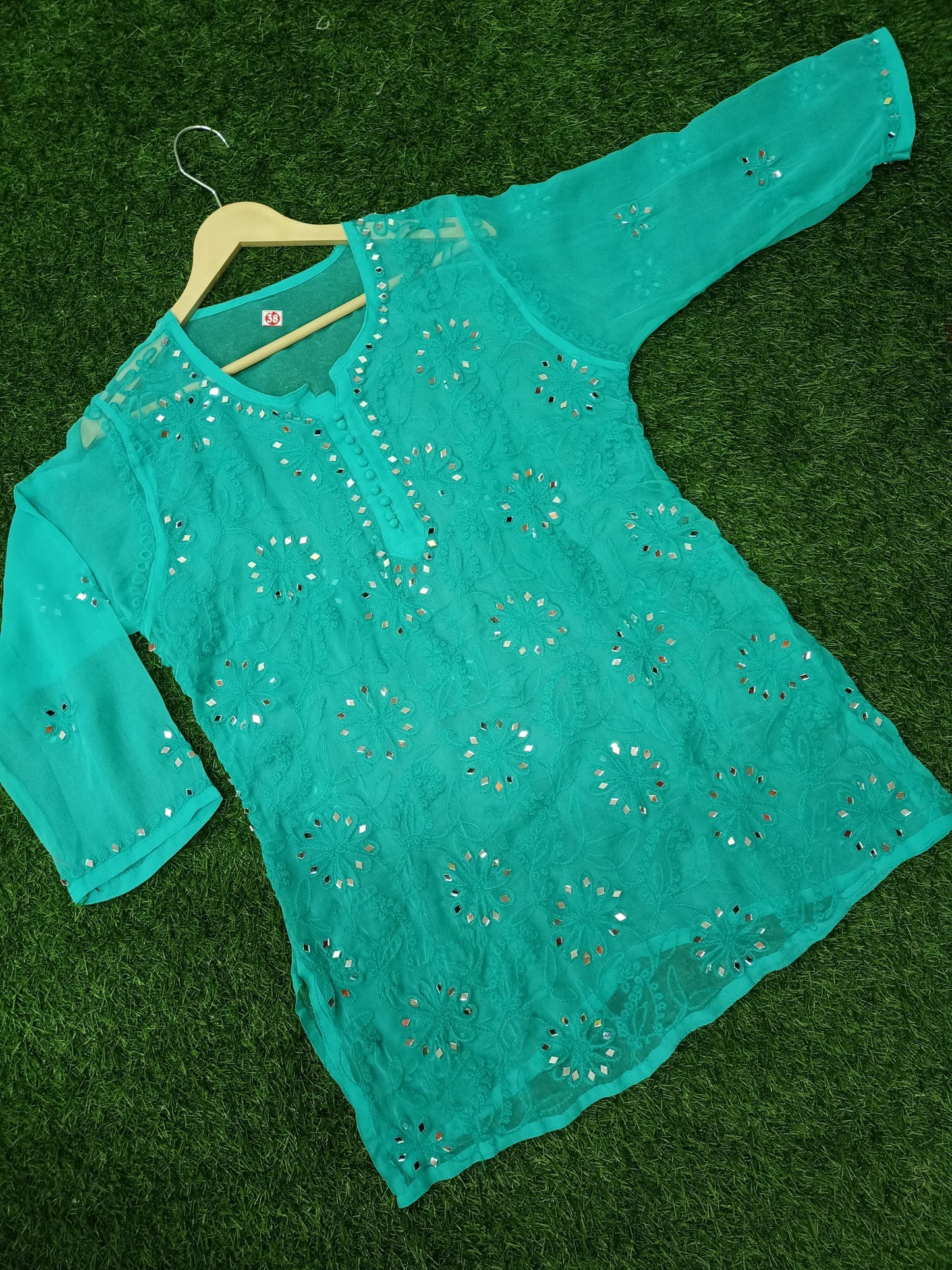 "ADR CHIKAN Presents Lucknowi Chikankari Aari Bakhiya Work Mirror Front Jaal Short Tops"