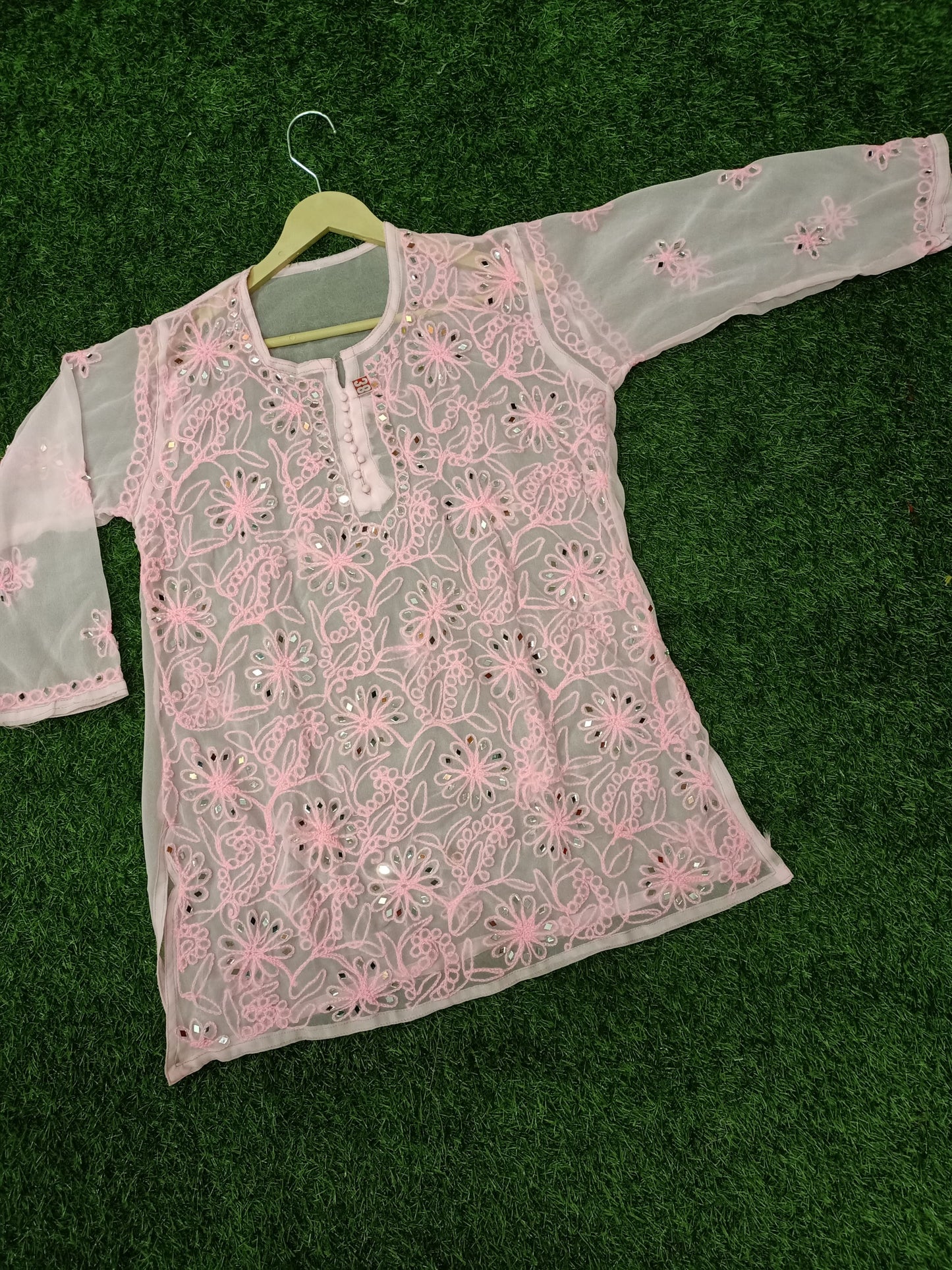 "ADR CHIKAN Presents Lucknowi Chikankari Aari Bakhiya Work Mirror Front Jaal Short Tops"