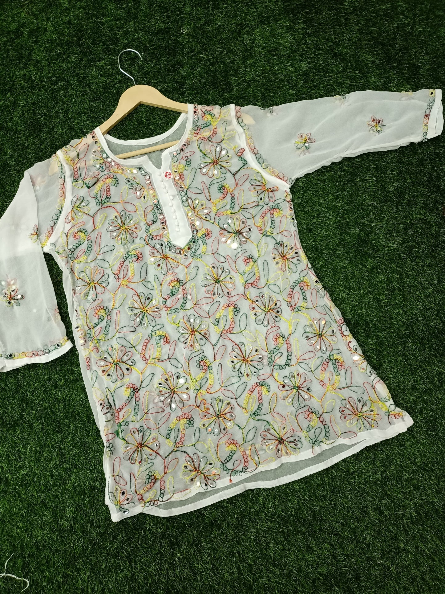 "ADR CHIKAN Presents Lucknowi Chikankari Aari Bakhiya Work Mirror Front Jaal Short Tops"