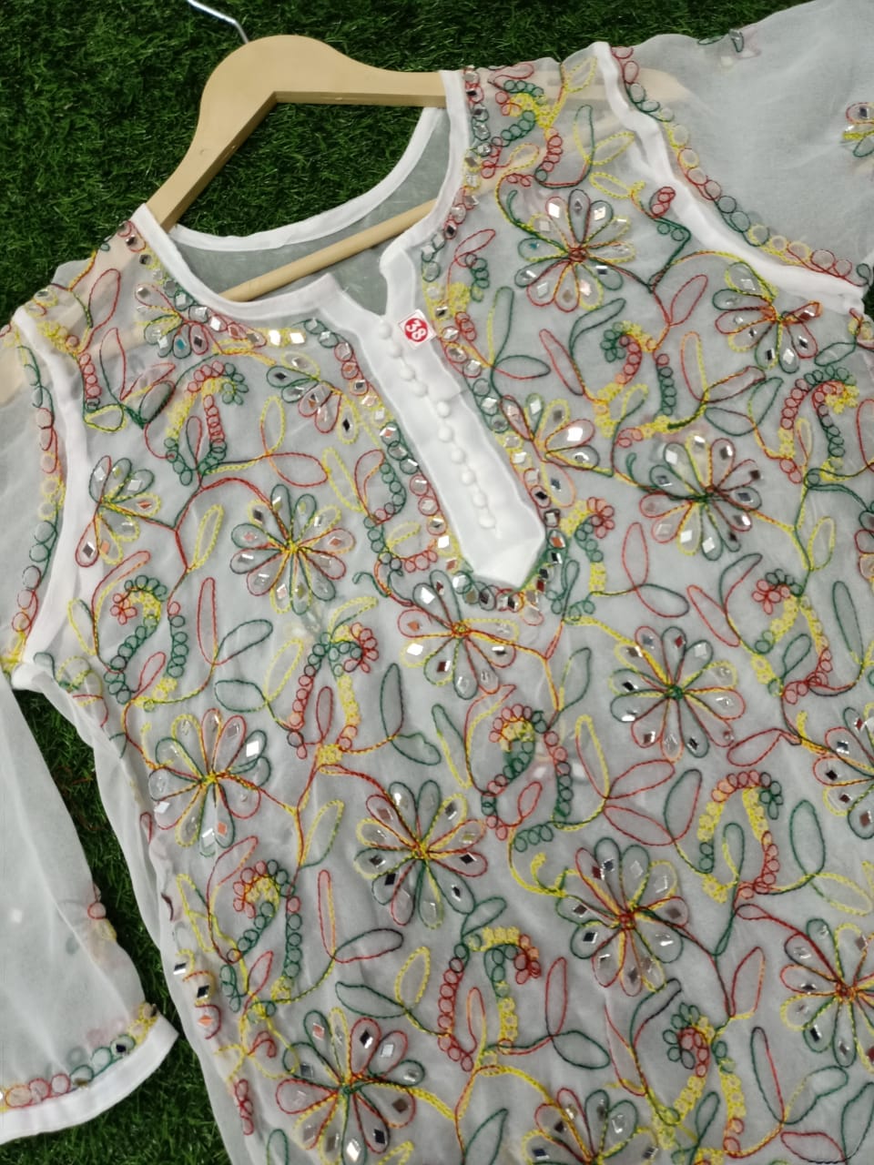 "ADR CHIKAN Presents Lucknowi Chikankari Aari Bakhiya Work Mirror Front Jaal Short Tops"