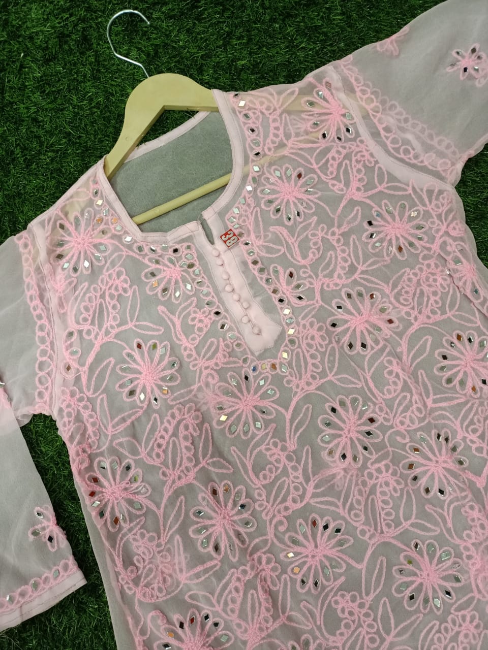 "ADR CHIKAN Presents Lucknowi Chikankari Aari Bakhiya Work Mirror Front Jaal Short Tops"