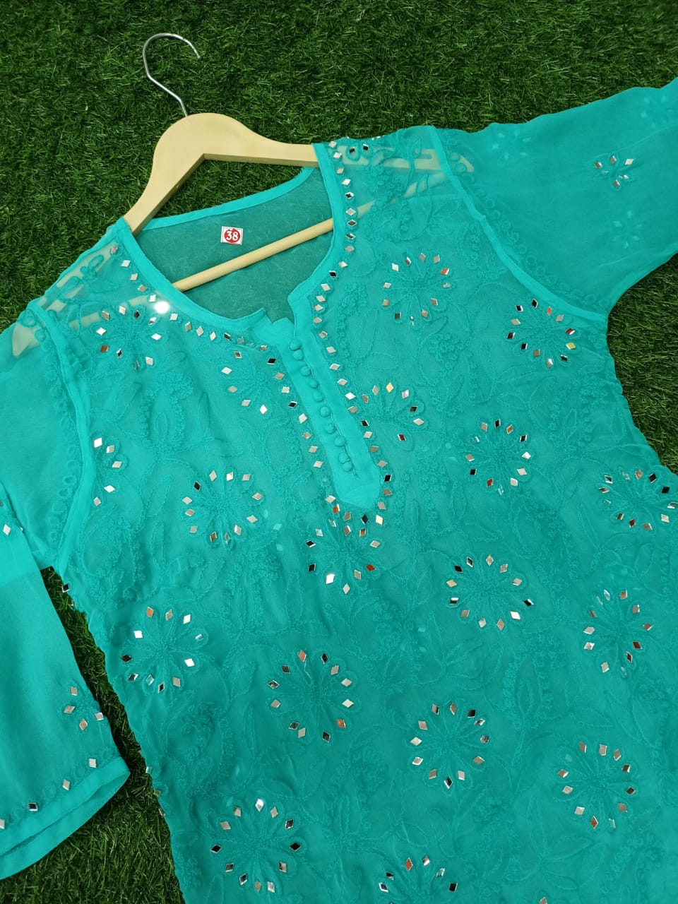 "ADR CHIKAN Presents Lucknowi Chikankari Aari Bakhiya Work Mirror Front Jaal Short Tops"