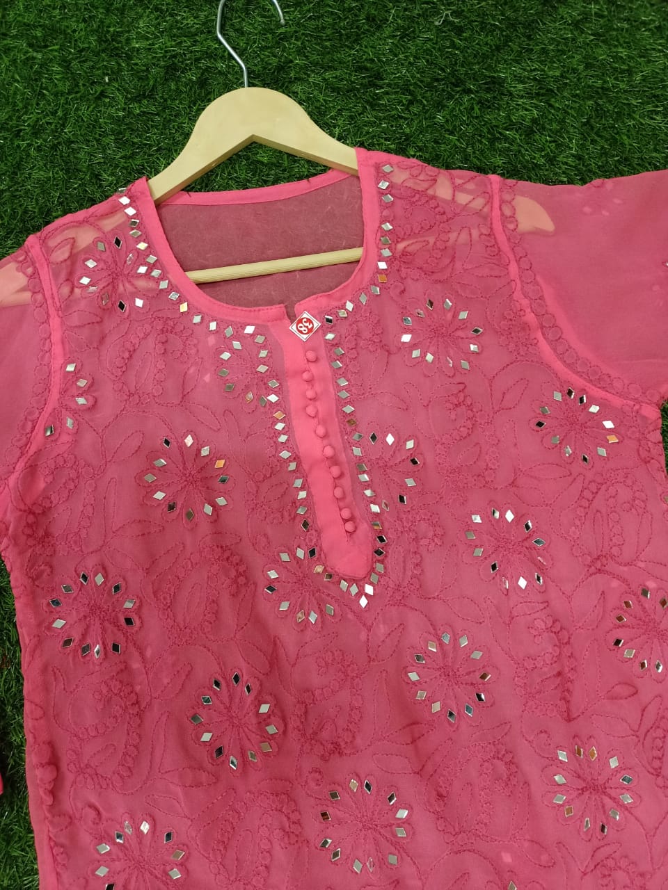"ADR CHIKAN Presents Lucknowi Chikankari Aari Bakhiya Work Mirror Front Jaal Short Tops"