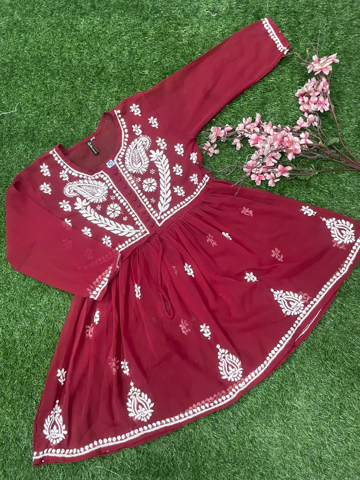 LUCKNOWI CHIKANKARI HANDWORK SHORT FROCK TOP FOR GIRL & WOMEN