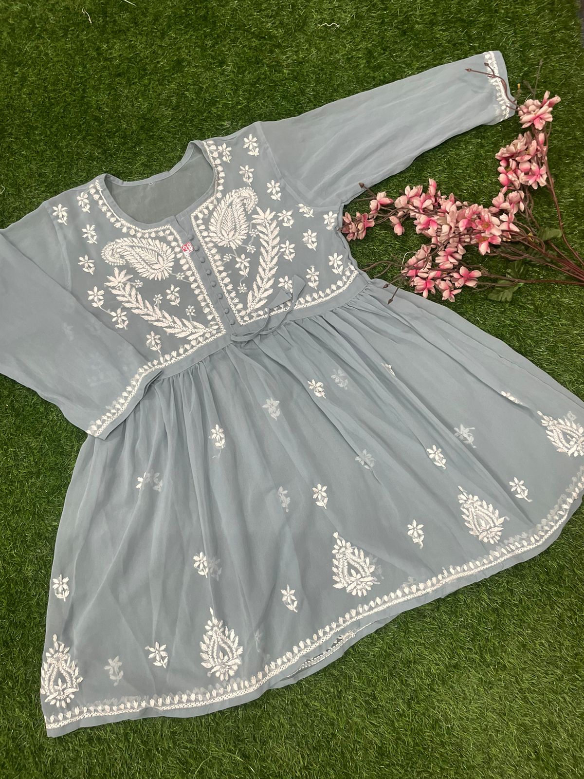 LUCKNOWI CHIKANKARI HANDWORK SHORT FROCK TOP FOR GIRL & WOMEN