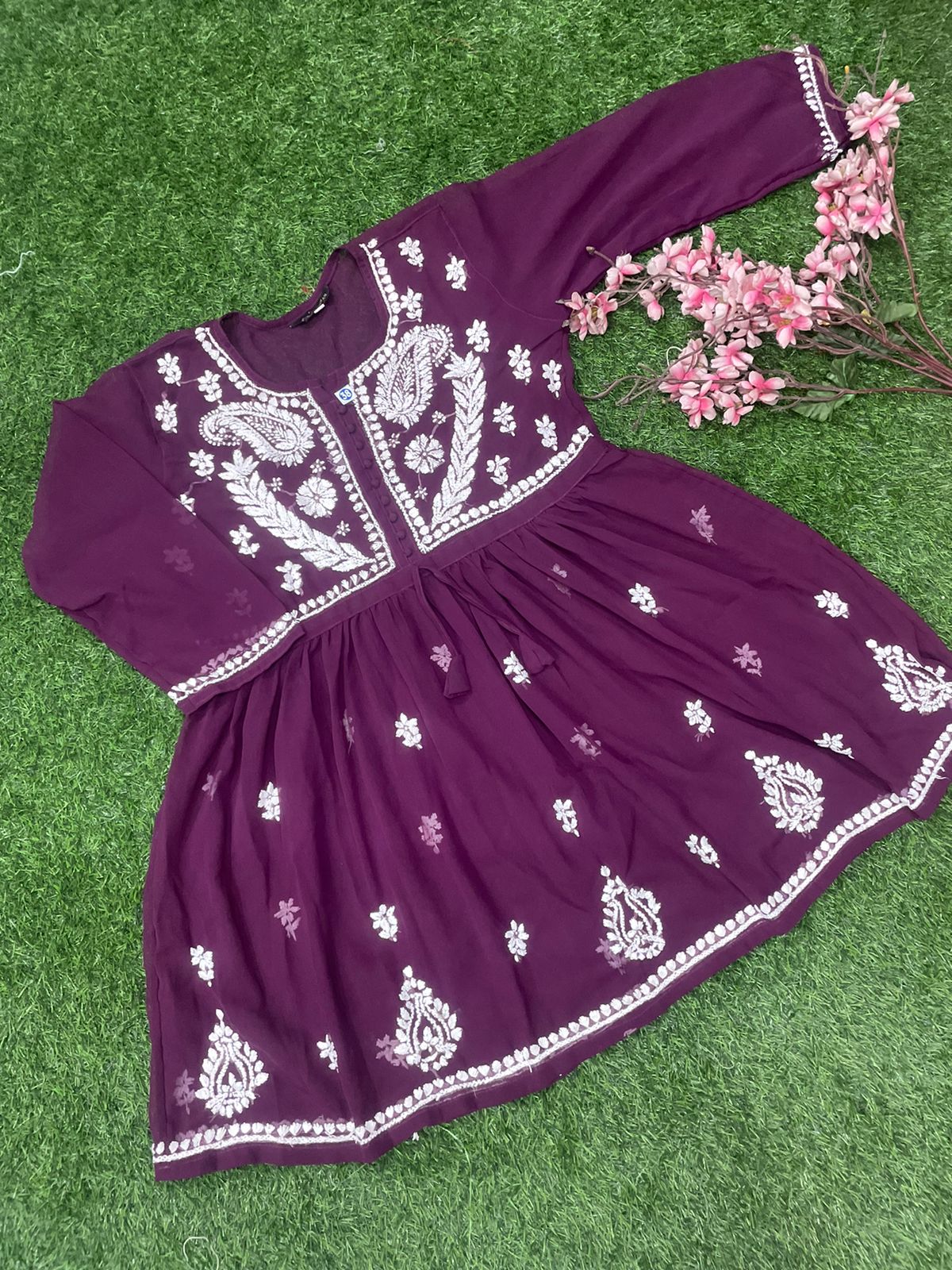 LUCKNOWI CHIKANKARI HANDWORK SHORT FROCK TOP FOR GIRL & WOMEN
