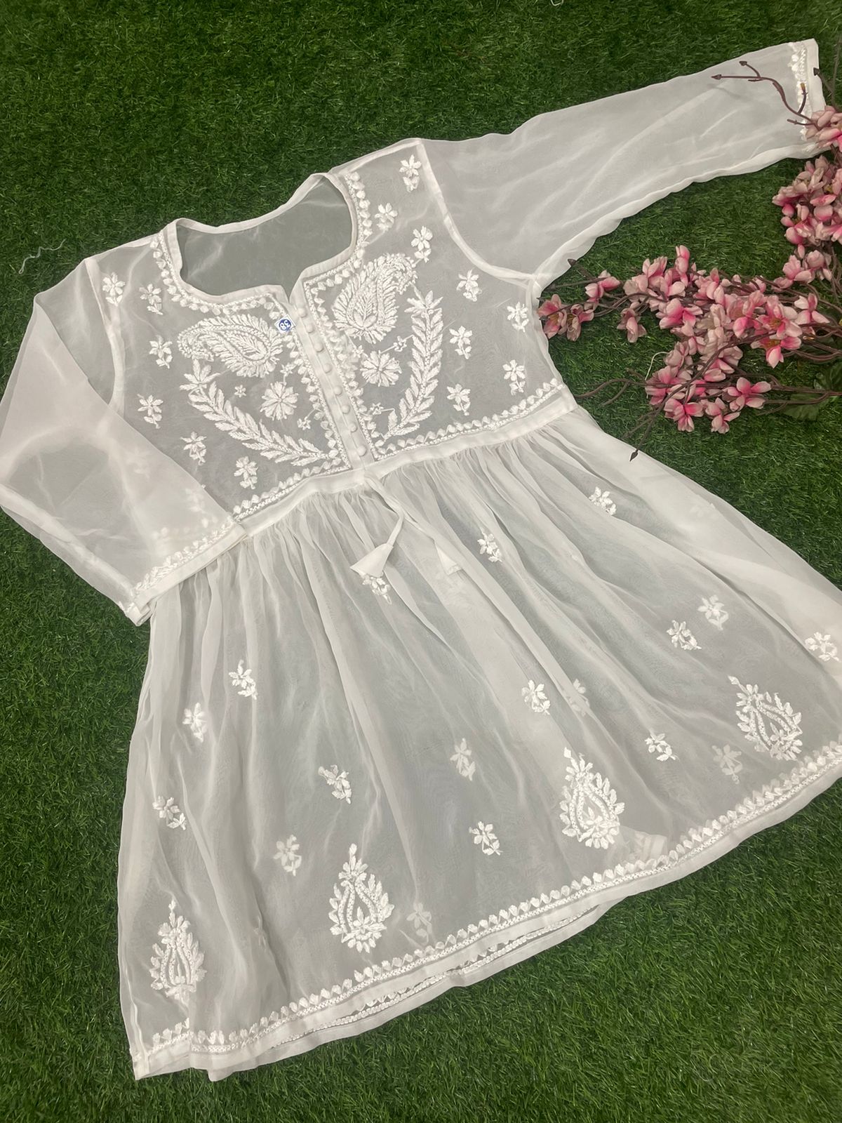 LUCKNOWI CHIKANKARI HANDWORK SHORT FROCK TOP FOR GIRL & WOMEN