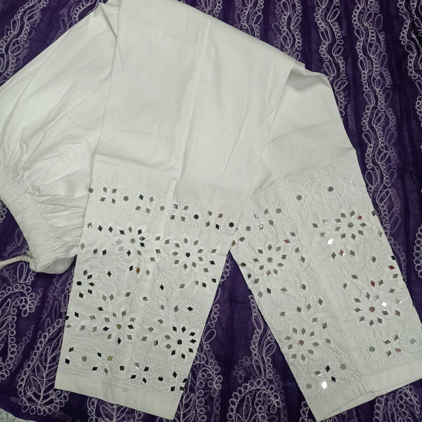 Lucknowi Chikankari Real Mirror Work Lycra Stretchable Pants For Women.