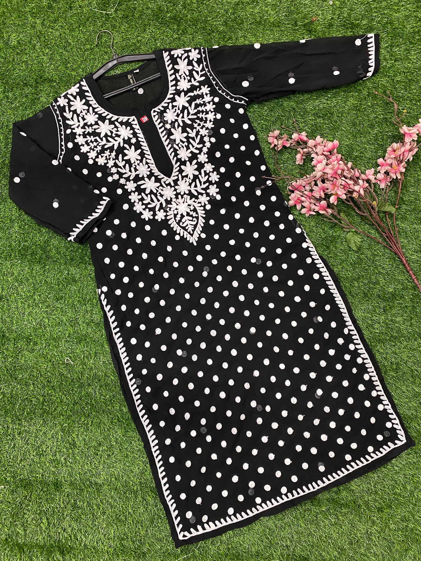 Lucknowi Chikankari Keel Jaal Work Georgette Kurti with matching InnerFor Women By ADR Chikan.