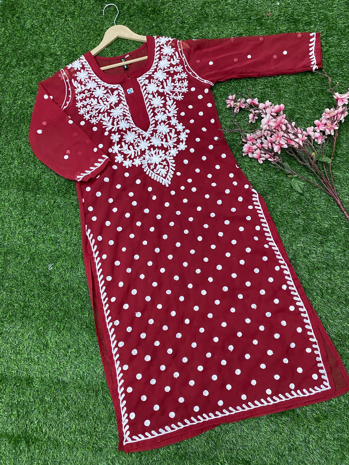 Lucknowi Chikankari Keel Jaal Work Georgette Kurti with matching InnerFor Women By ADR Chikan.