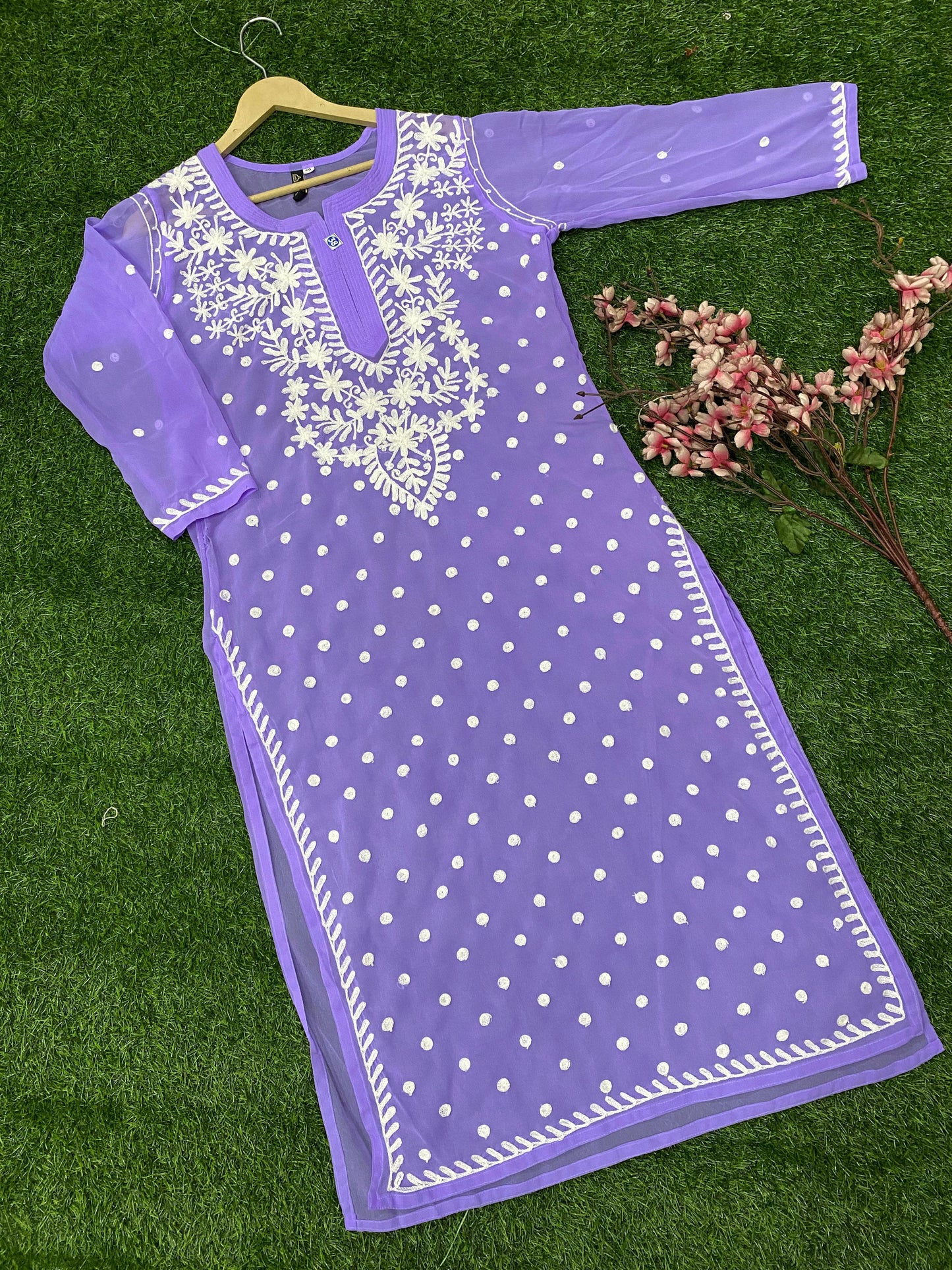 Lucknowi Chikankari Keel Jaal Work Georgette Kurti with matching InnerFor Women By ADR Chikan.