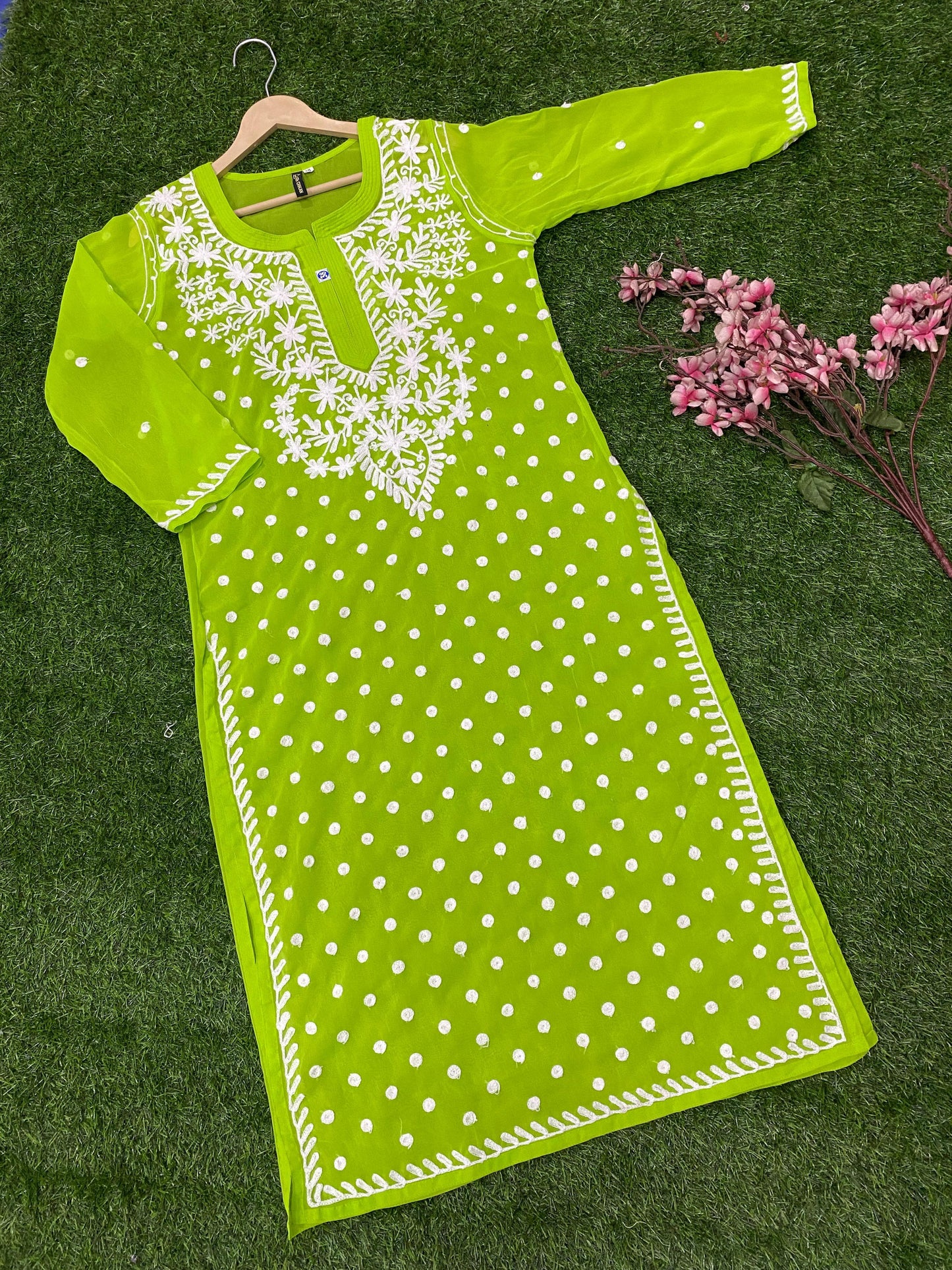 Lucknowi Chikankari Keel Jaal Work Georgette Kurti with matching InnerFor Women By ADR Chikan.