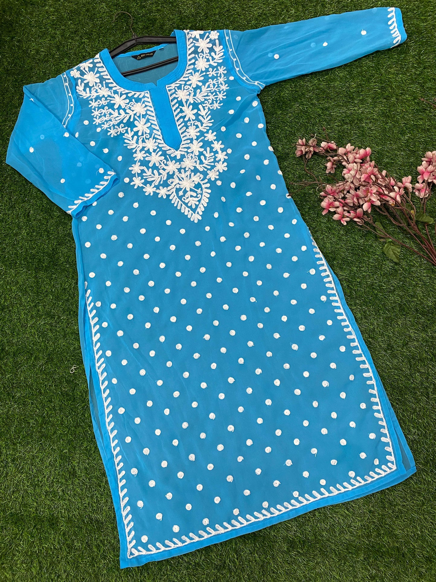 Lucknowi Chikankari Keel Jaal Work Georgette Kurti with matching InnerFor Women By ADR Chikan.