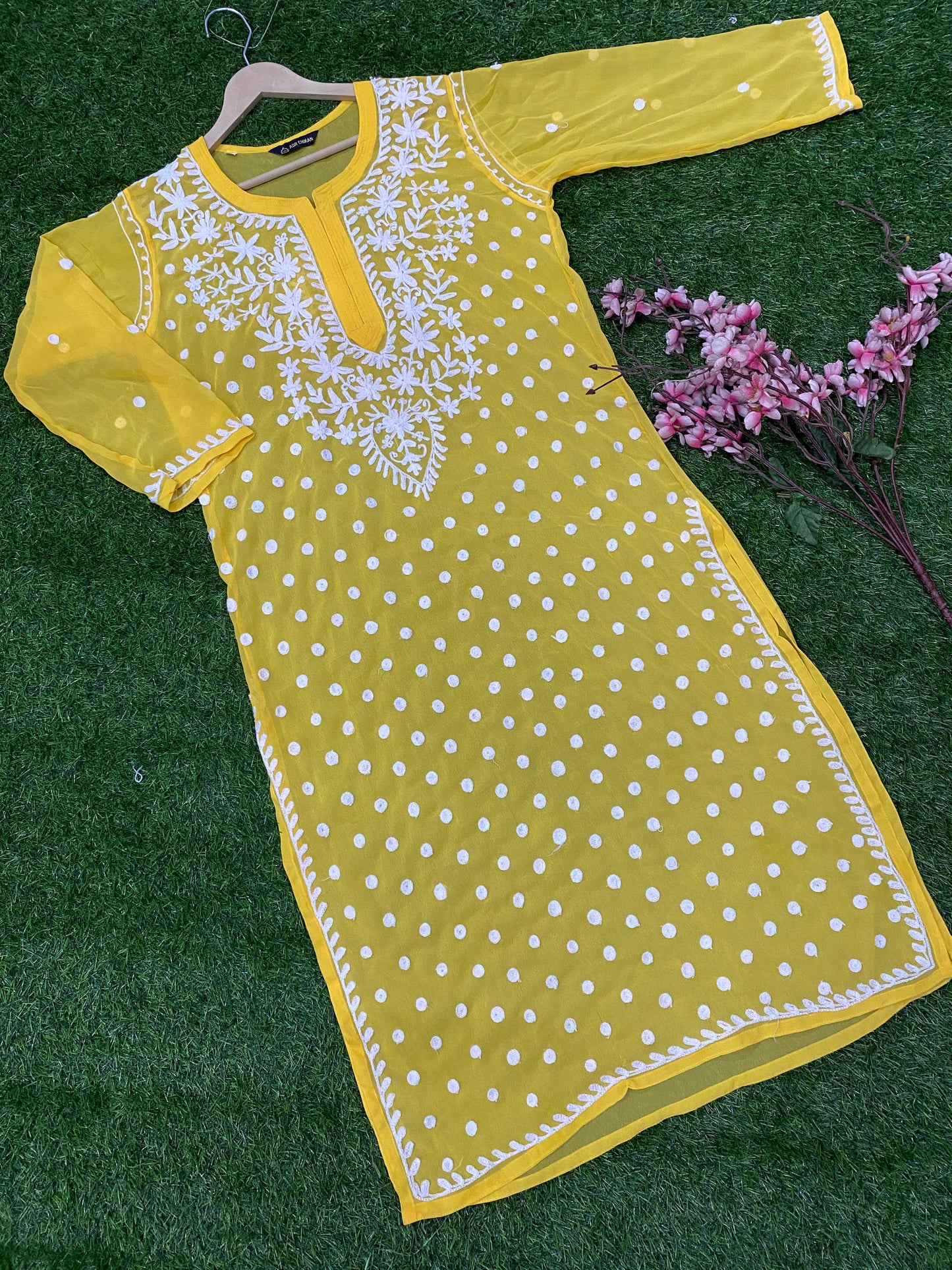 Lucknowi Chikankari Keel Jaal Work Georgette Kurti with matching InnerFor Women By ADR Chikan.