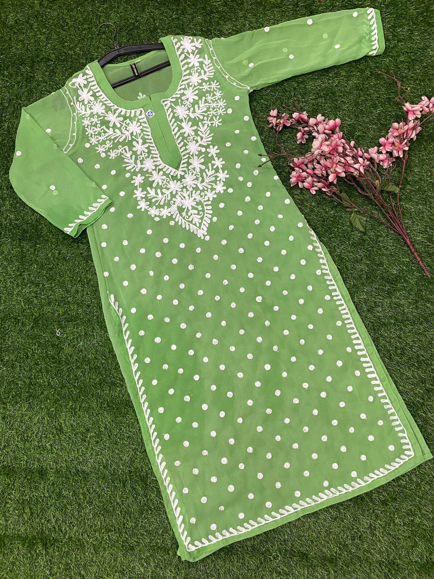 Lucknowi Chikankari Keel Jaal Work Georgette Kurti with matching InnerFor Women By ADR Chikan.