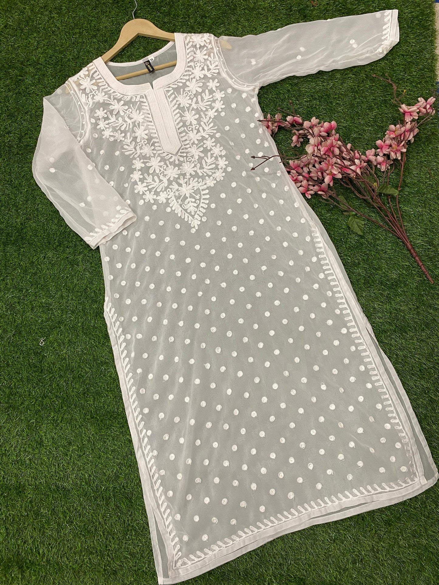 Lucknowi Chikankari Keel Jaal Work Georgette Kurti with matching InnerFor Women By ADR Chikan.