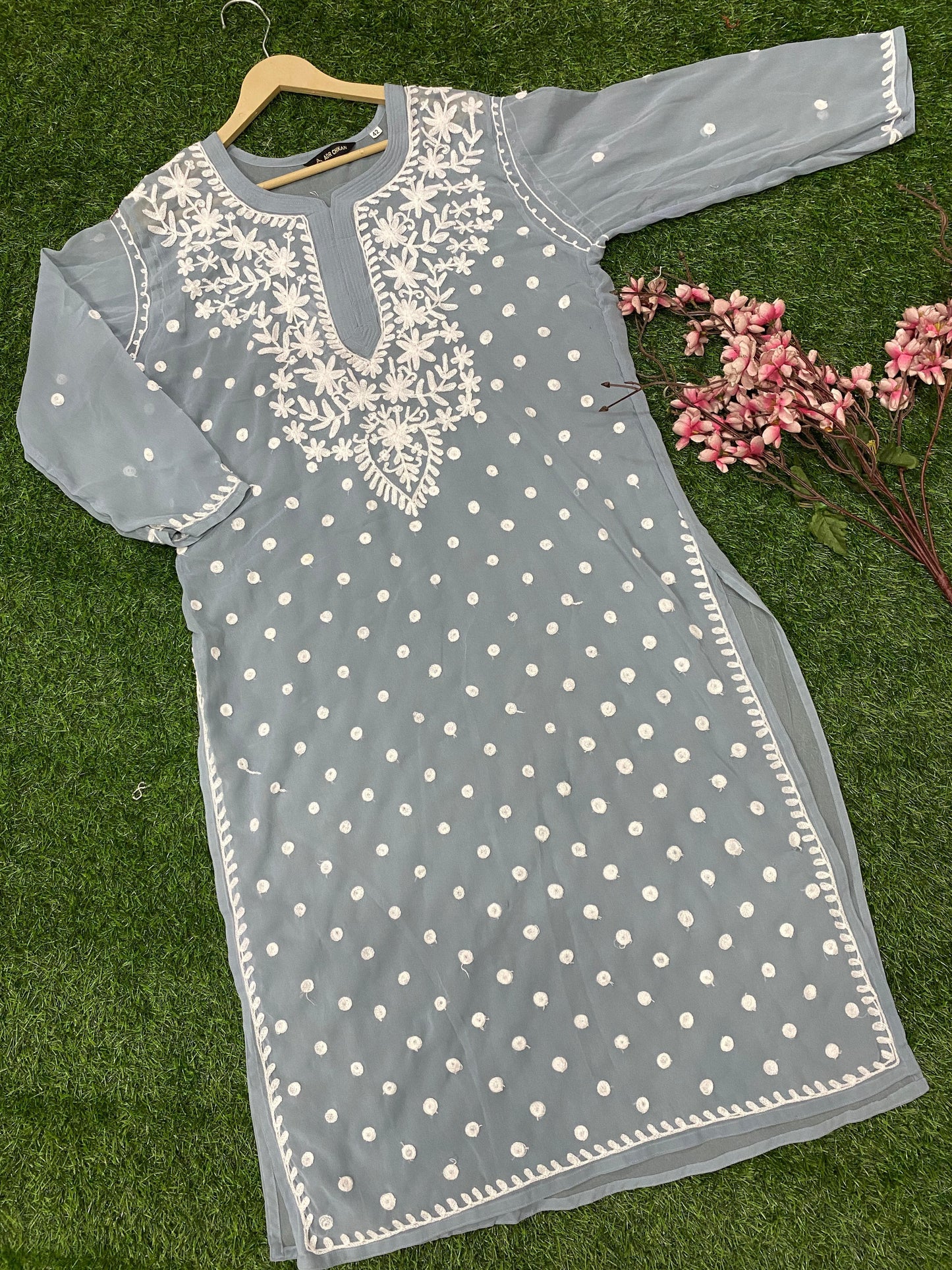 Lucknowi Chikankari Keel Jaal Work Georgette Kurti with matching InnerFor Women By ADR Chikan.