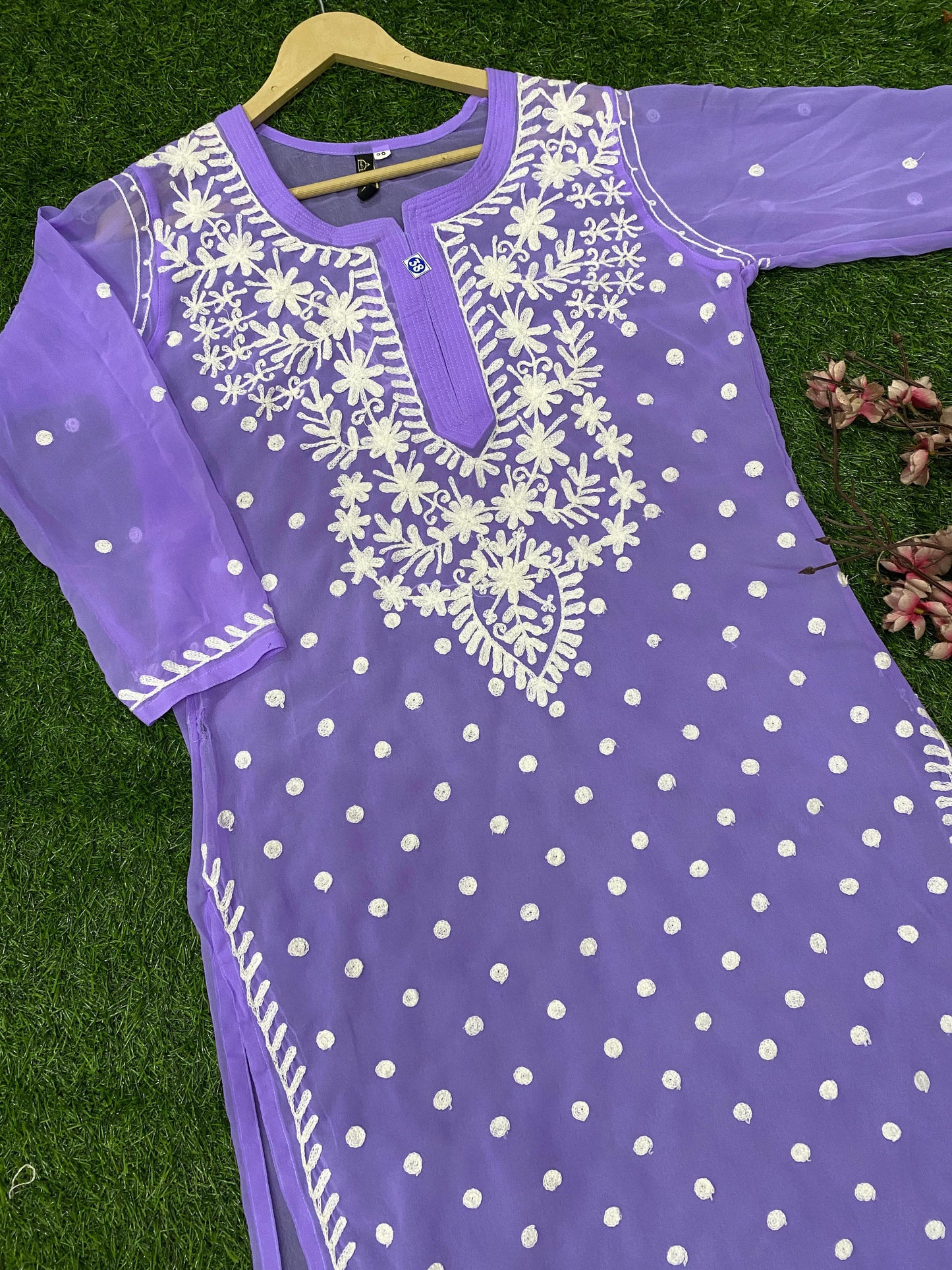 Lucknowi Chikankari Keel Jaal Work Georgette Kurti with matching InnerFor Women By ADR Chikan.