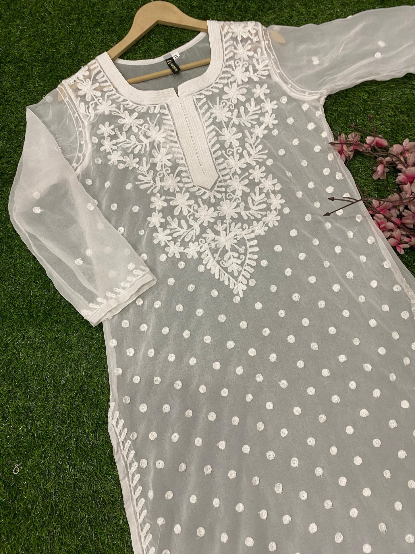 Lucknowi Chikankari Keel Jaal Work Georgette Kurti with matching InnerFor Women By ADR Chikan.