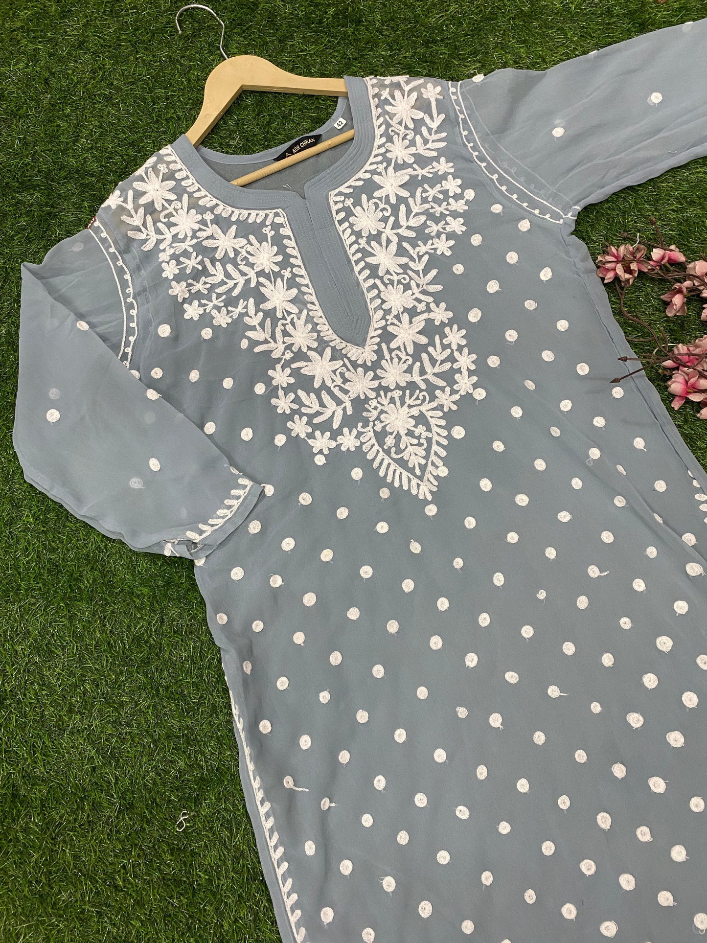 Lucknowi Chikankari Keel Jaal Work Georgette Kurti with matching InnerFor Women By ADR Chikan.