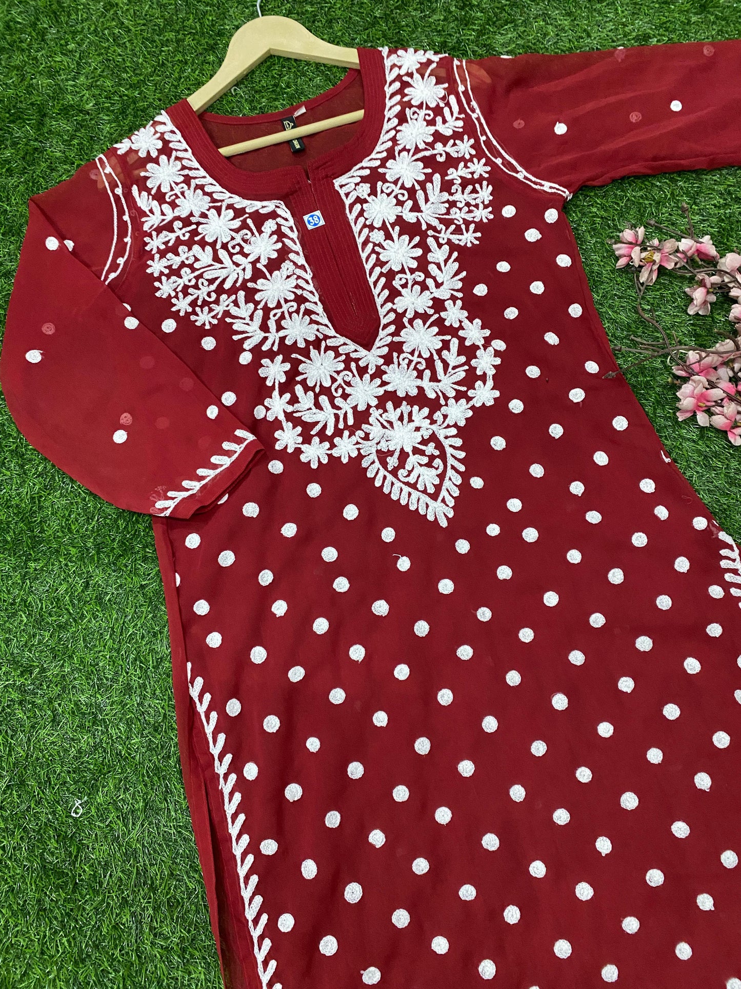 Lucknowi Chikankari Keel Jaal Work Georgette Kurti with matching InnerFor Women By ADR Chikan.