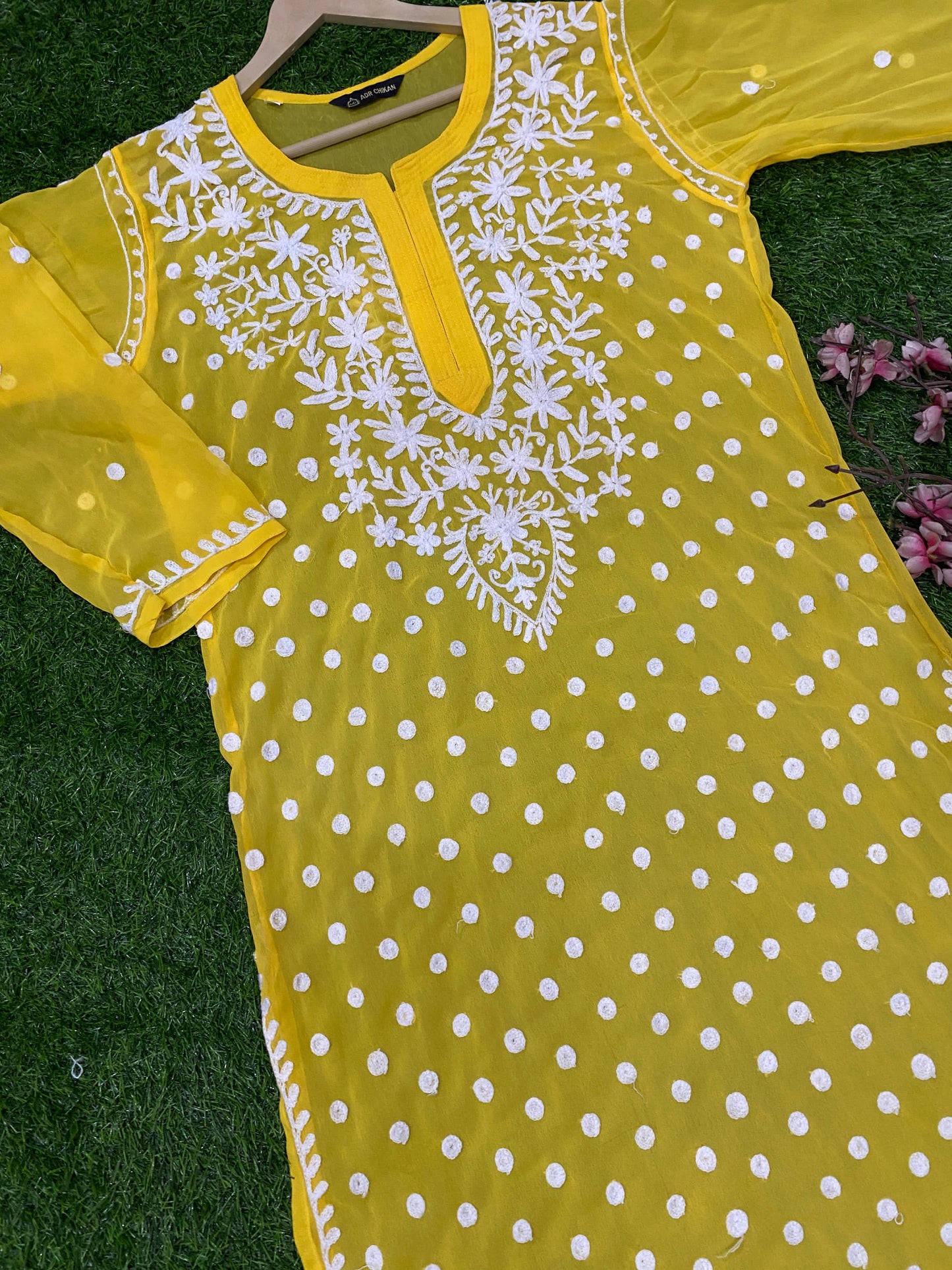Lucknowi Chikankari Keel Jaal Work Georgette Kurti with matching InnerFor Women By ADR Chikan.