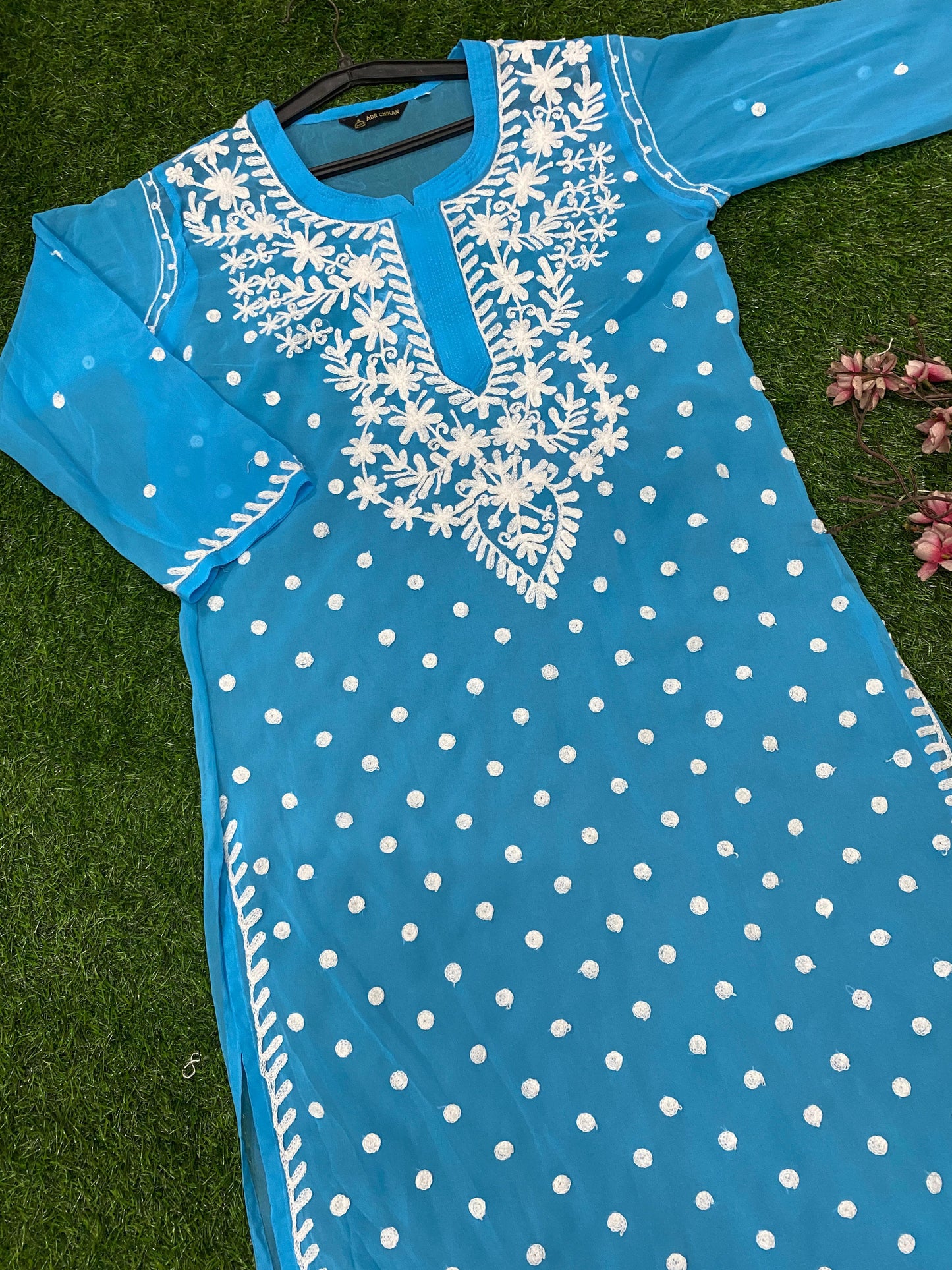 Lucknowi Chikankari Keel Jaal Work Georgette Kurti with matching InnerFor Women By ADR Chikan.