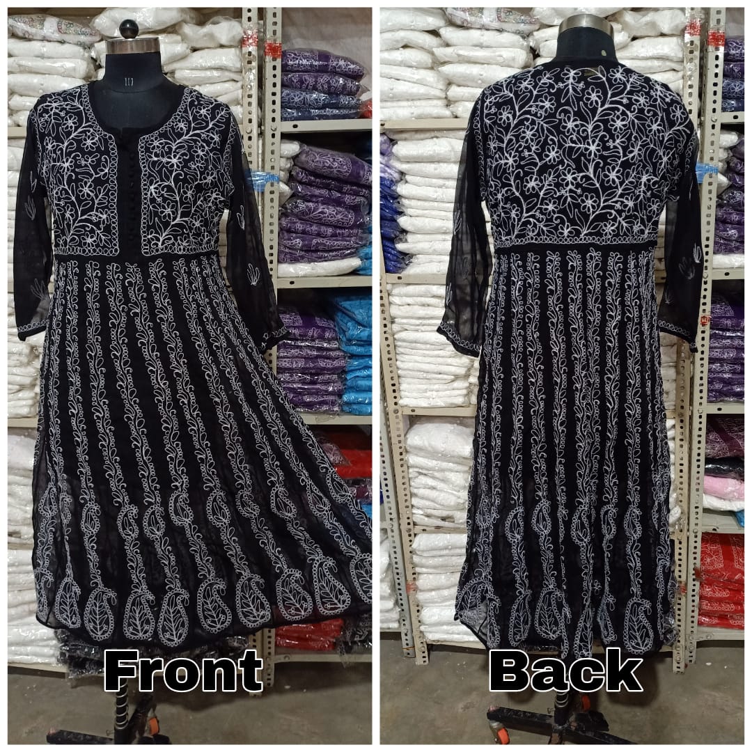 Lucknowi Chikankari Aari Embroidery Georgette Anarkali Kurti with Matching Inner | ADR Chikan