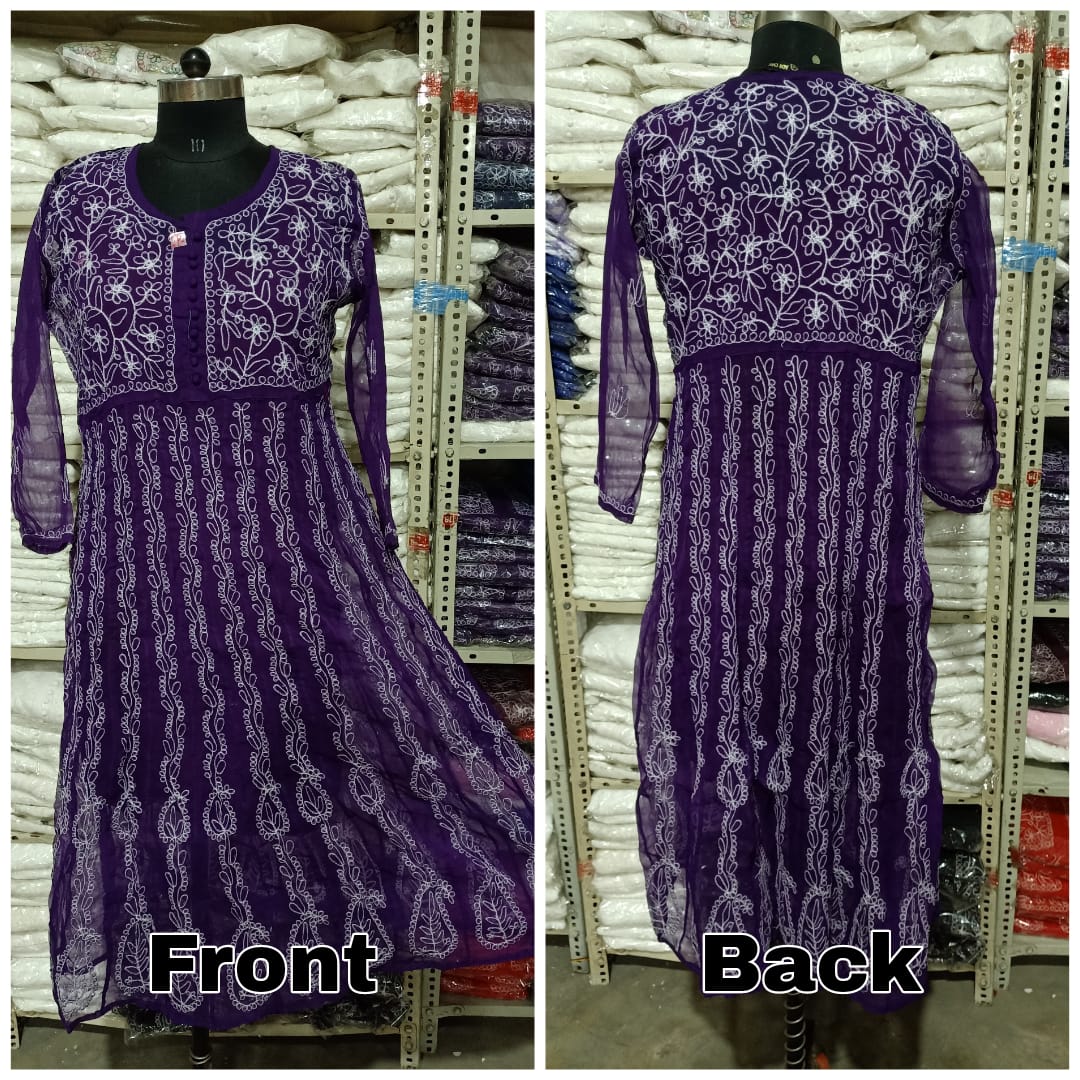 Lucknowi Chikankari Aari Embroidery Georgette Anarkali Kurti with Matching Inner | ADR Chikan