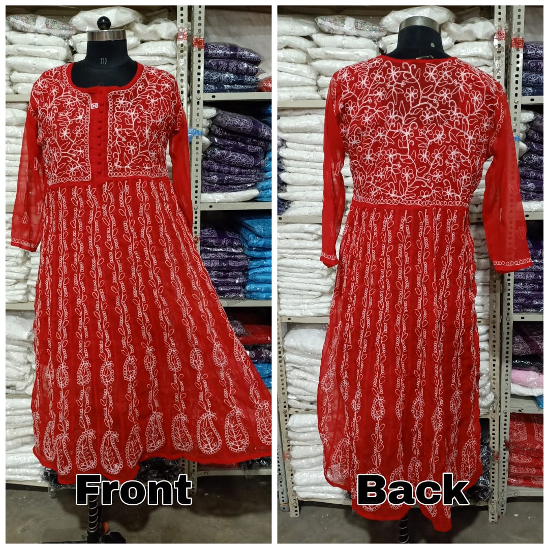 Lucknowi Chikankari Aari Embroidery Georgette Anarkali Kurti with Matching Inner | ADR Chikan