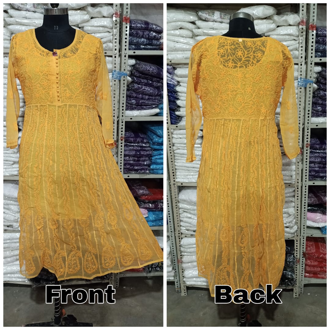 Lucknowi Chikankari Aari Embroidery Georgette Anarkali Kurti with Matching Inner | ADR Chikan