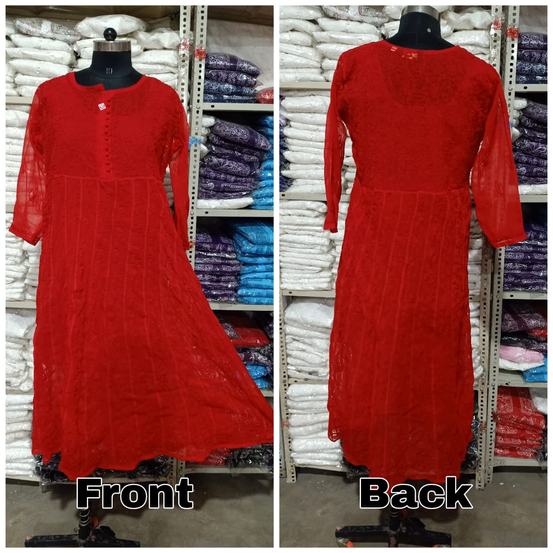 Lucknowi Chikankari Aari Embroidery Georgette Anarkali Kurti with Matching Inner | ADR Chikan