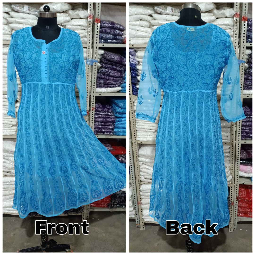 Lucknowi Chikankari Aari Embroidery Georgette Anarkali Kurti with Matching Inner | ADR Chikan