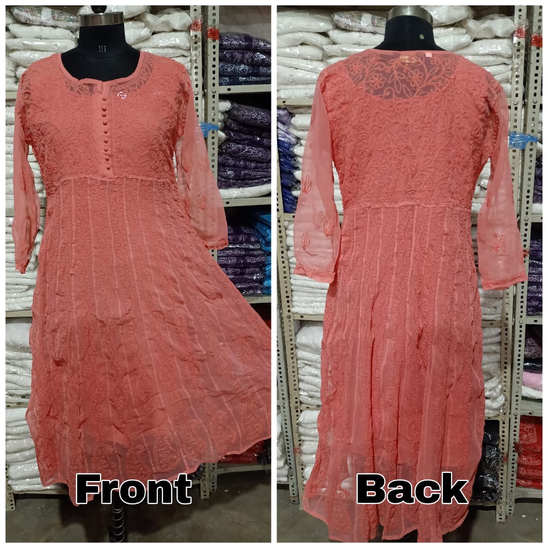 Lucknowi Chikankari Aari Embroidery Georgette Anarkali Kurti with Matching Inner | ADR Chikan
