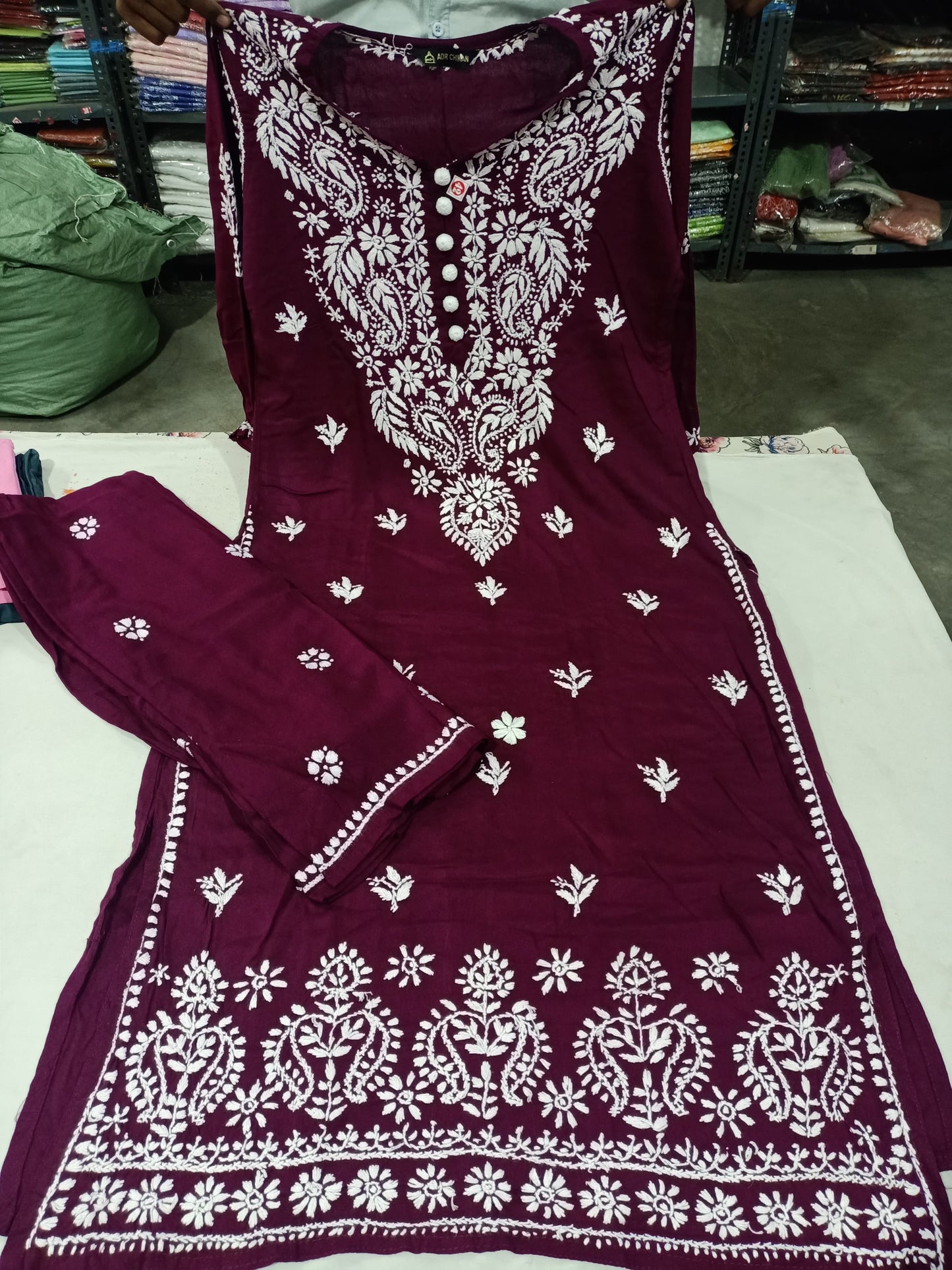 Lucknowi Chikankari Handwork Modal Straight Long Kurta with Palazzo Co-ord Set | ADR Chikan
