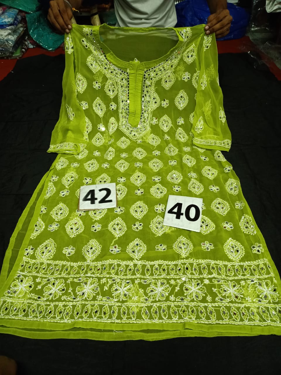 Lucknowi Chikankari Handwork Mirror Work Buta Jaal Kurti With Slip( L-XL Size Only )