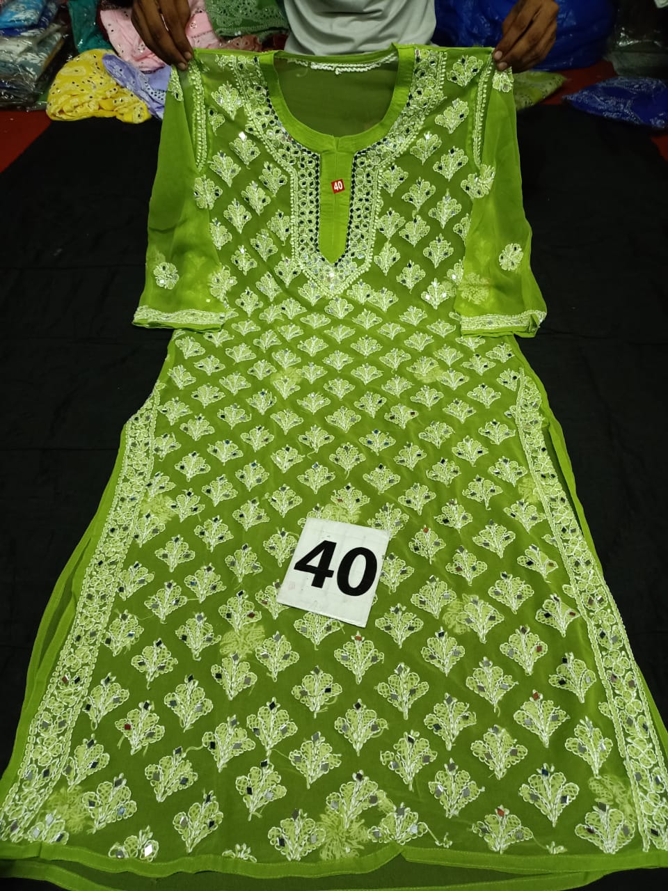 Lucknowi Chikankari Mirror Work Booti Jaal Kurti With Slip( L Size Only )