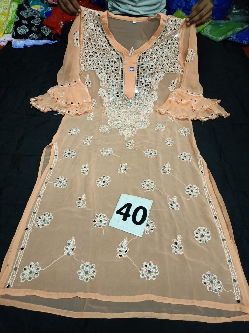 Lucknowi Chikankari Mirror Work Handwork Bell Sleeve Kurti With Slip( L Size Only )