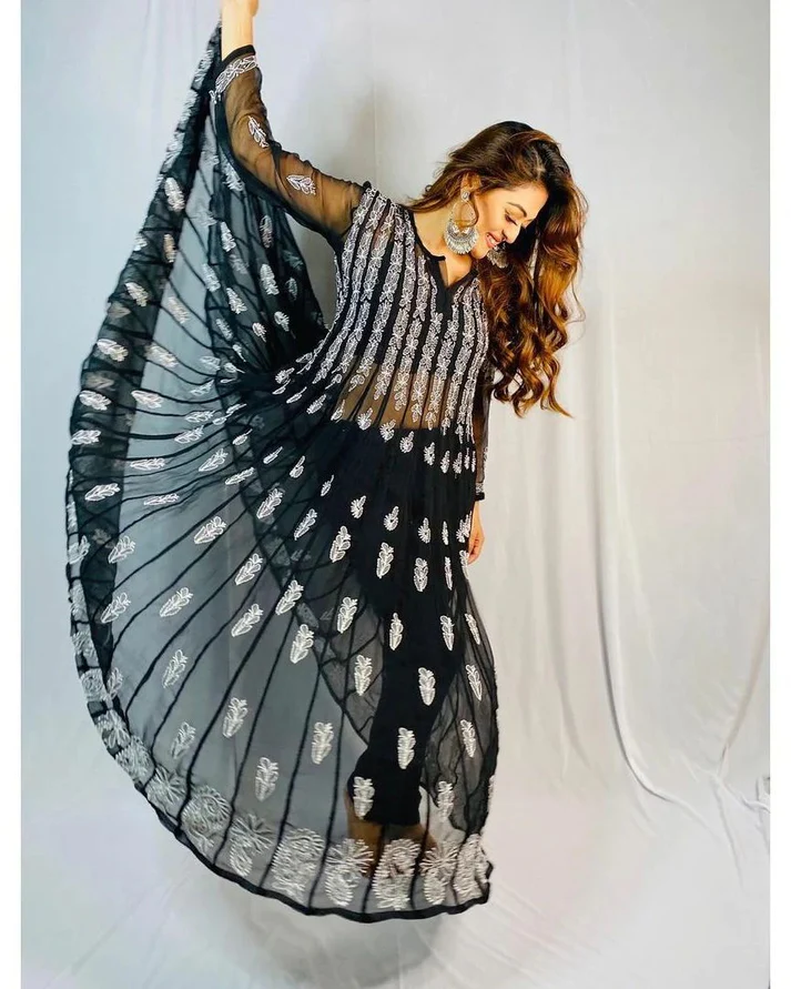 "ADR Chikankari Hand Embroidered Lucknowi Georgette 56 Kali Anarkali Kurti for Girls & Women"