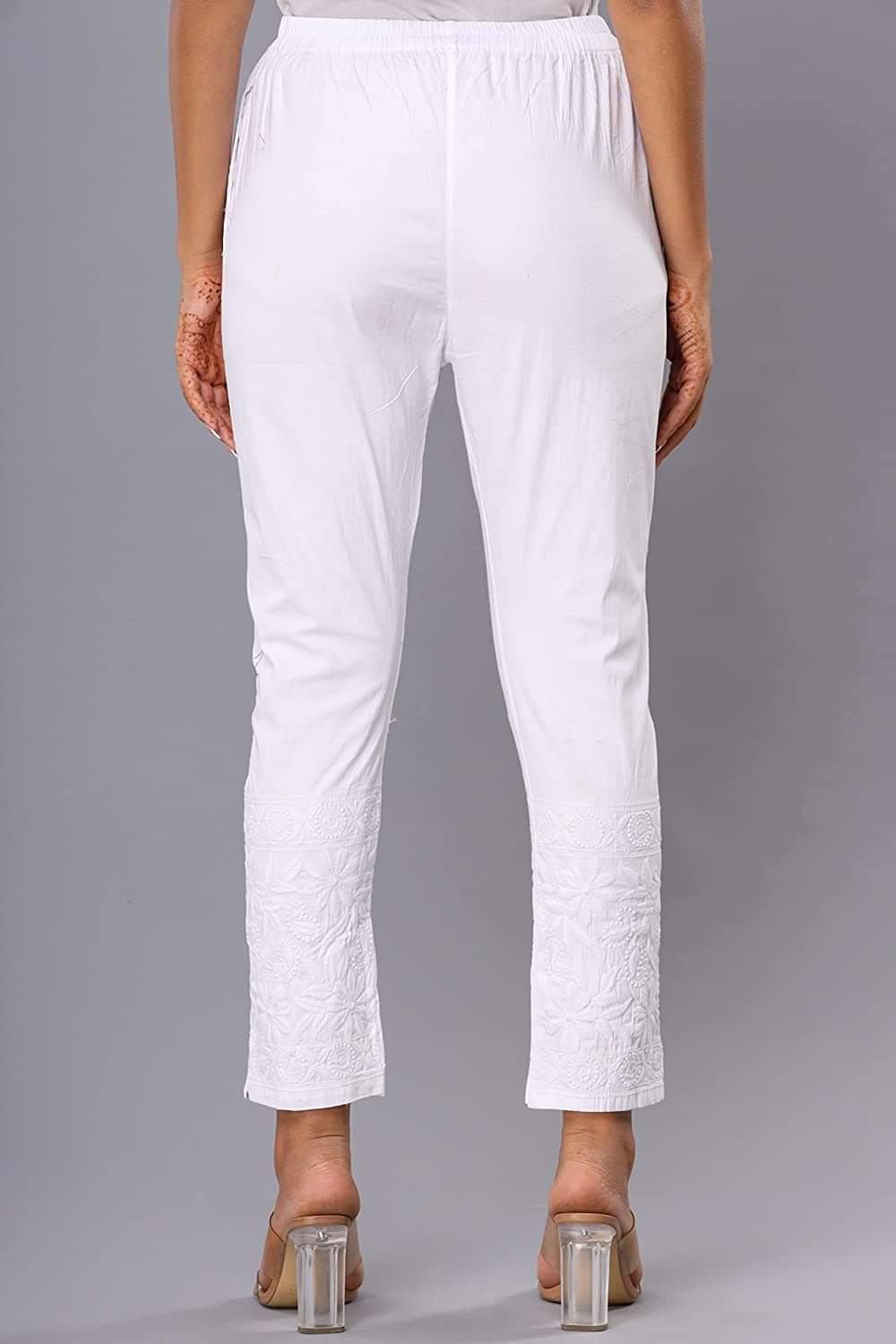 Lucknowi Chikankari Machine Embroidery Work lycra stretchable Pants For Women