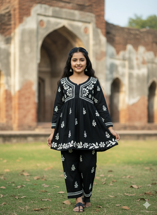 ADR Chikan Lucknowi Chikankari Kids Black Kurti with Plazzo Set