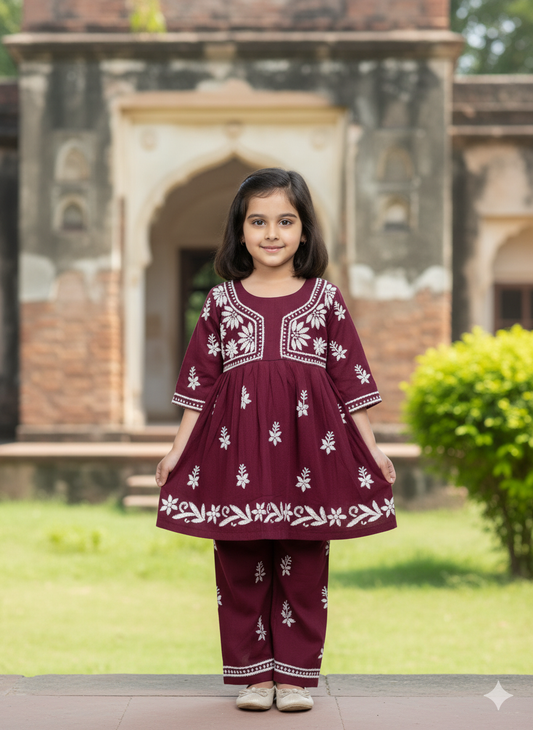 ADR Chikan Lucknowi Chikankari Kids Kurti with Plazzo Set | Handcrafted Embroidered Ethnic Wear for Girls | Comfortable & Stylish Traditional Outfit