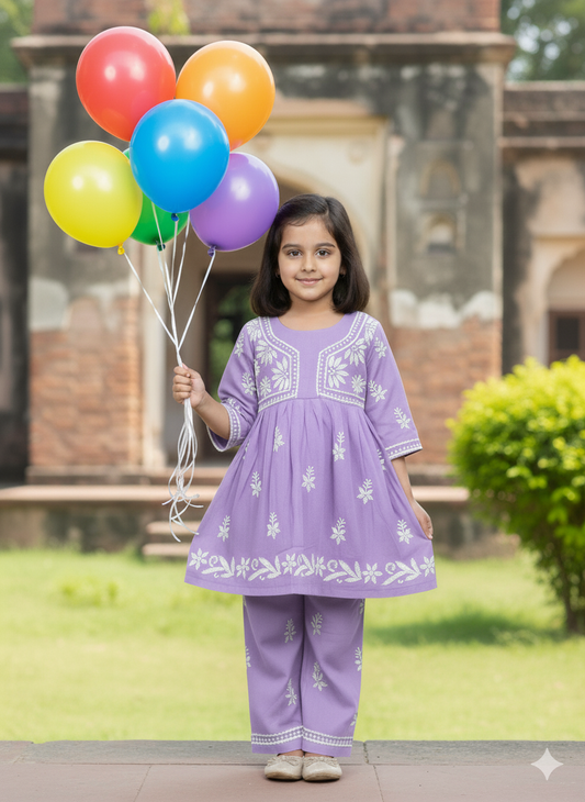 ADR Chikan Lucknowi Chikankari Kids Kurti with Plazzo Set