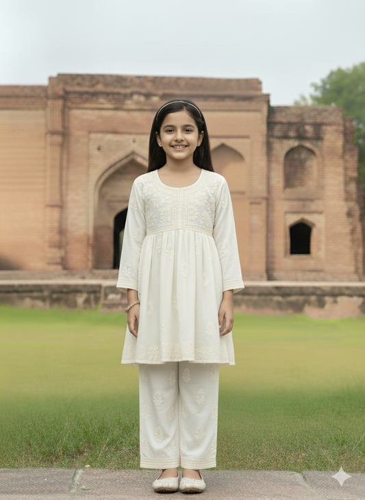 ADR Chikan Lucknowi Chikankari White Kids Kurti with Plazzo Set