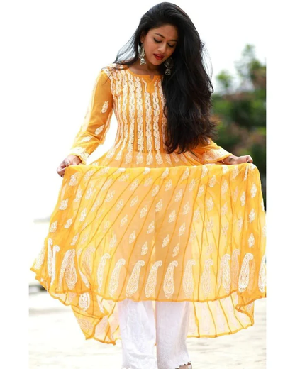 "ADR Chikankari Hand Embroidered Lucknowi Georgette 56 Kali Anarkali Kurti for Girls & Women"