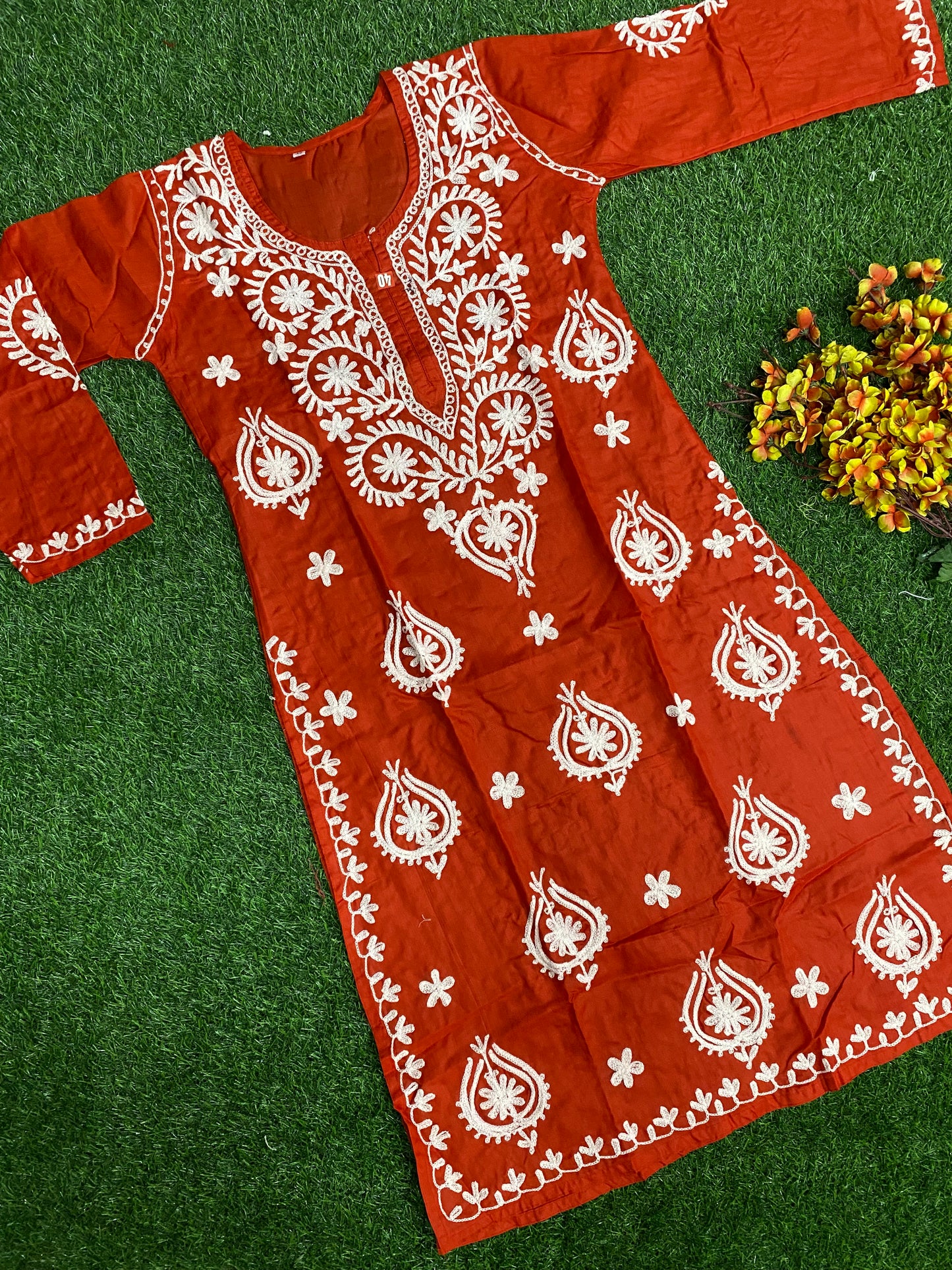 Ferra Lucknowi chikankari Aari work Cotton Red Color Long Kurtis