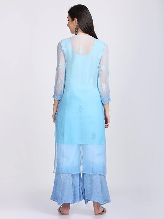 ADR Women's Chikankari Handwork Straight Dyed Sky Blue Kurti, Sharara & Dupatta Set with Inner