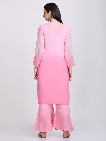 "ADR Women's Chikankari Handwork Straight Dyed Pink Kurti, Sharara & Dupatta Set with Inner"