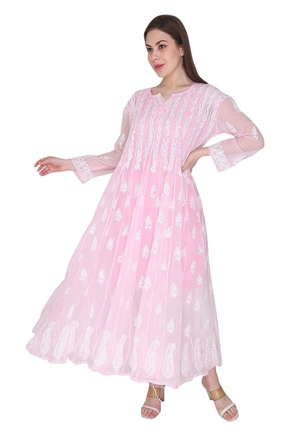 "ADR Chikankari Hand Embroidered Lucknowi Georgette 56 Kali Anarkali Kurti for Girls & Women"